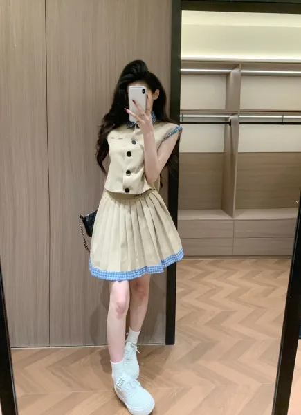 Design Pleated Skirt Set with Plaid Trim Navy Blue Schoolgirl-Style Dress - 6
