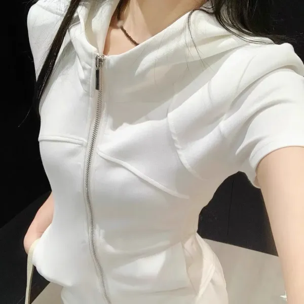 Design Ruffled Sleeve Crop Top and Drawstring Shorts Set White Casual Set - 2