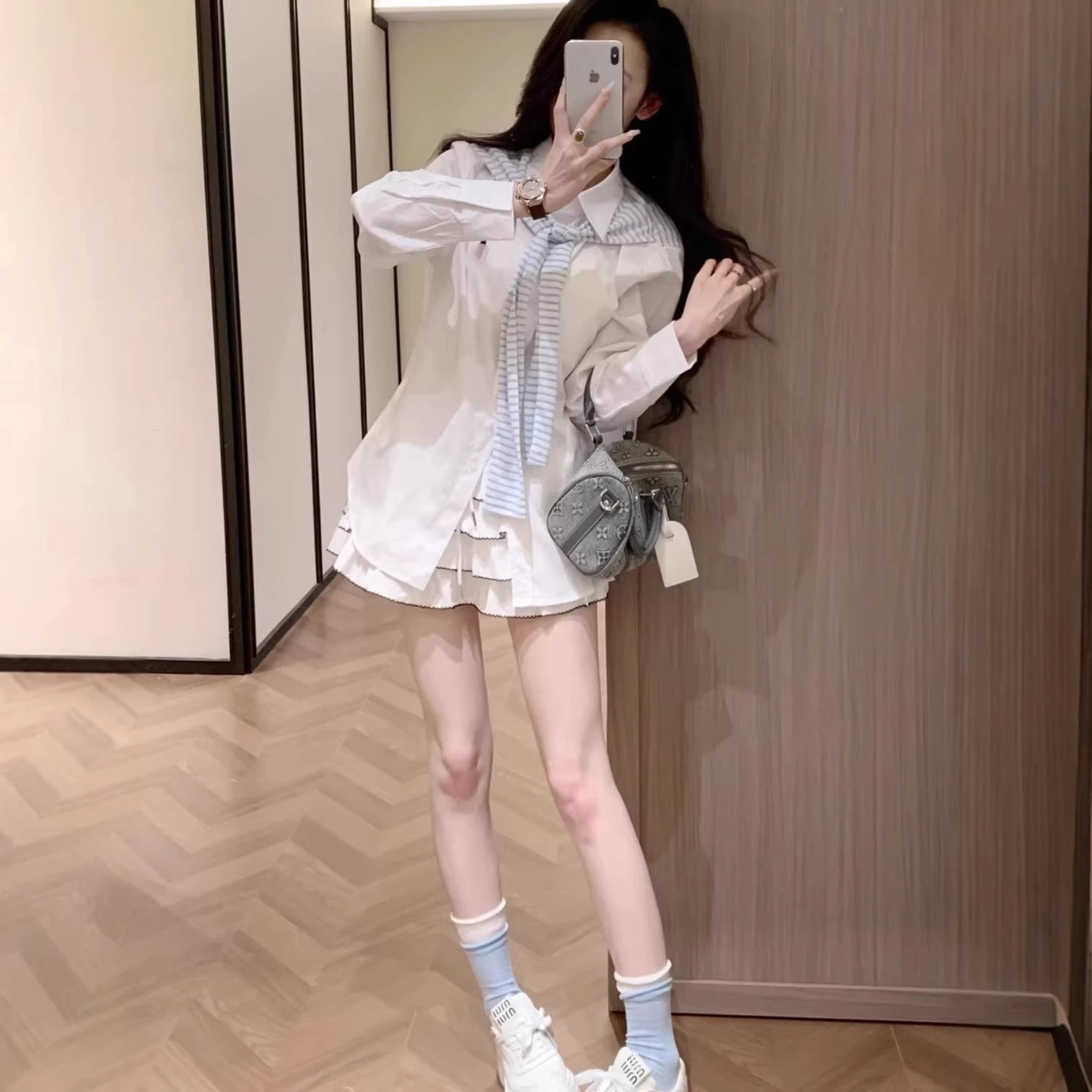 高品质RL条纹针织披肩加收腰衬衫假两件减龄休闲通勤百搭款