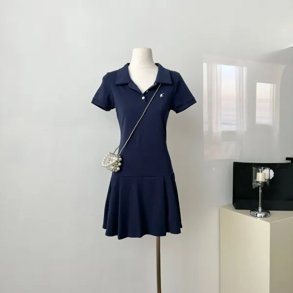 Design Gray Pleated Polo Dress with Pearl Strap Dress - 12