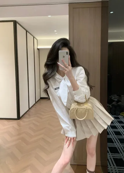 Design Bow-Neck Shirt White + Pleated Skirt Beige Handbag - 2
