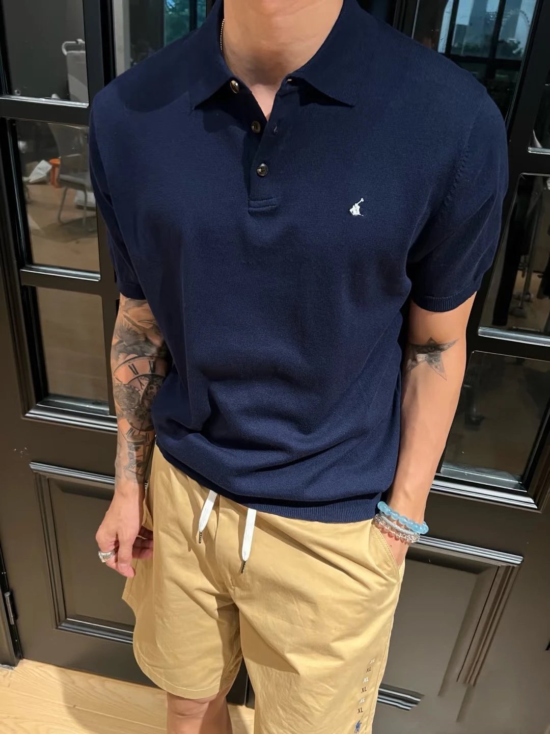 Dark blue with a white label