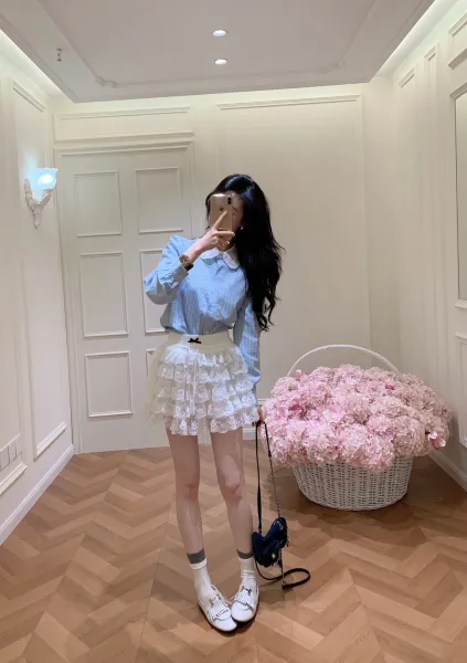 Design Peter Pan Collar Shirt in Light Blue with Lace Skirt Set - 6