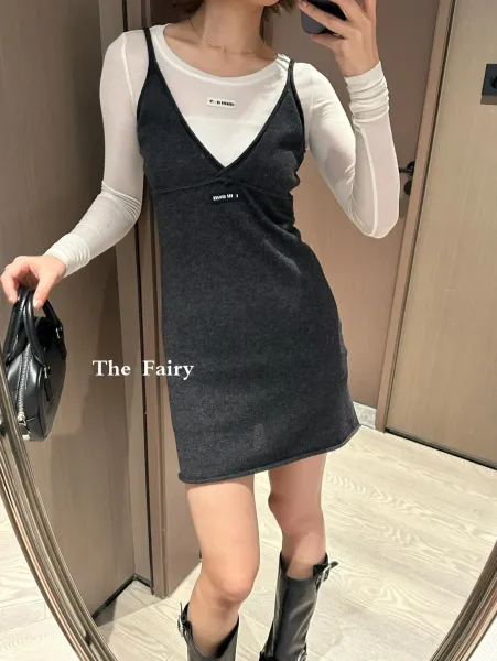 Design The Fairy Knit Slip Dress with Layered White Base Layer in Charcoal Gray Dress - 3