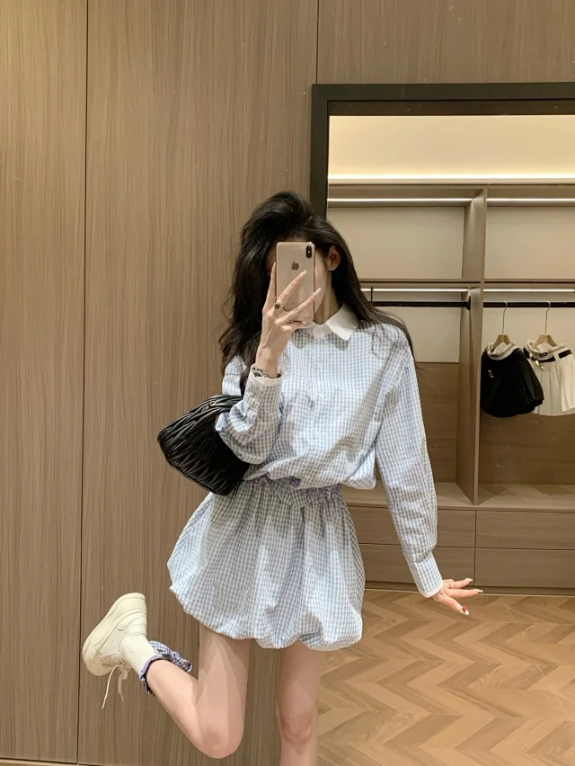 Miu Matching Sets Gingham collared shirt and bubble skirt set product detail image 7