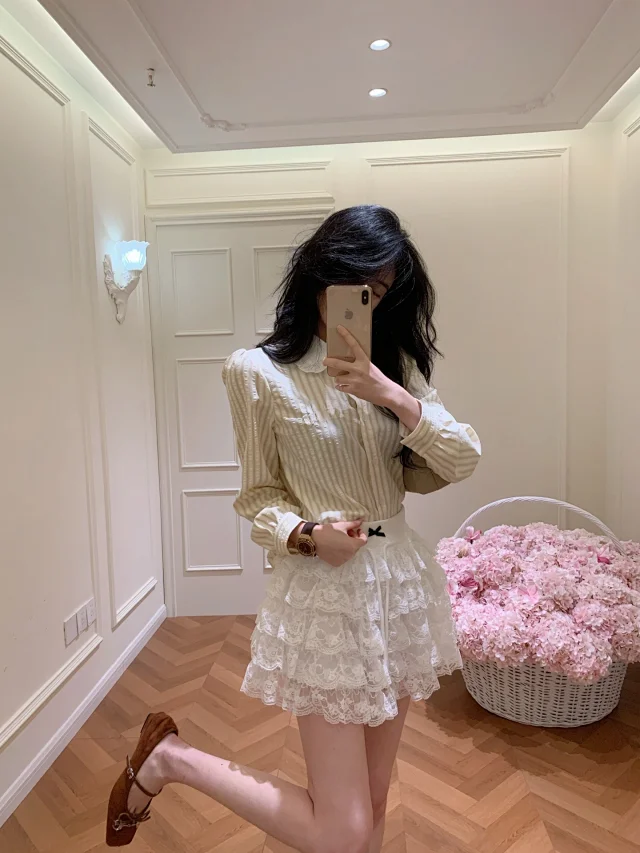 Unbranded Shirts Long-Sleeve Ruffled Peter Pan Collar Textured Stripe Shirt product detail image 2