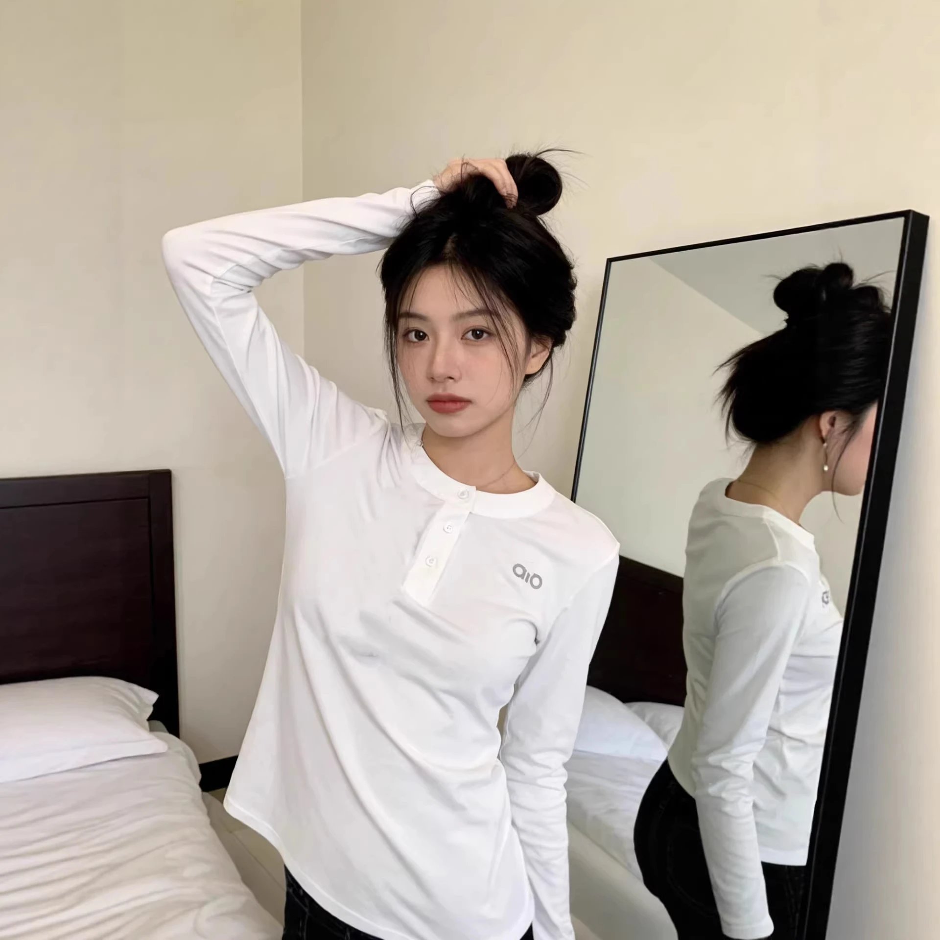 AIO White Henley Long Sleeve T