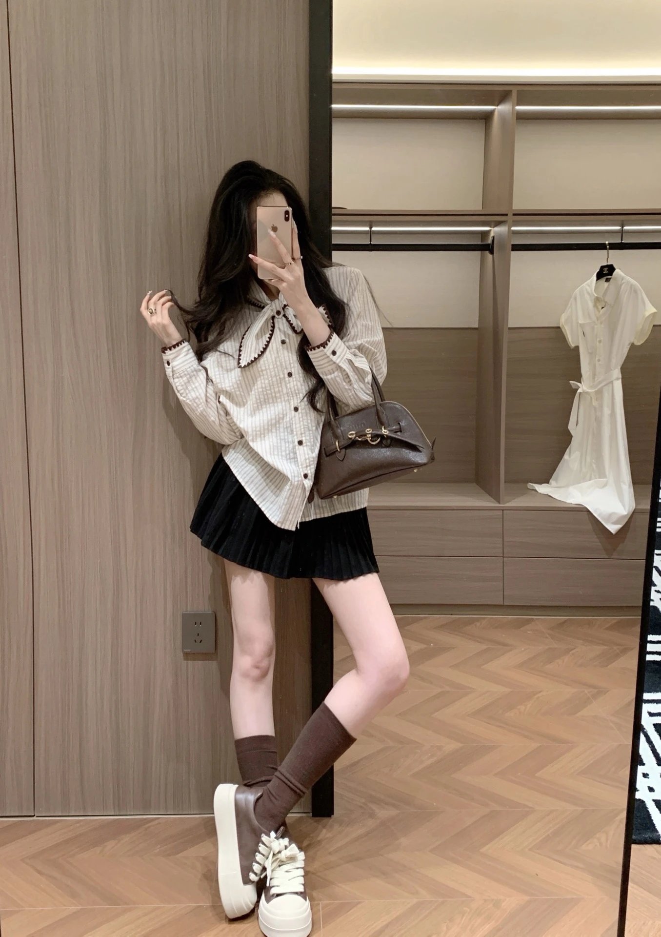 Design Striped Bow-Neck Shirt with Scallop Trim in Beige and Black Pleated Skirt - 3