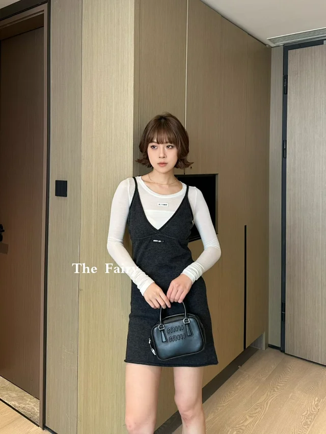 Miu Matching Sets Layered camisole mini dress and long-sleeve top set product detail image 1