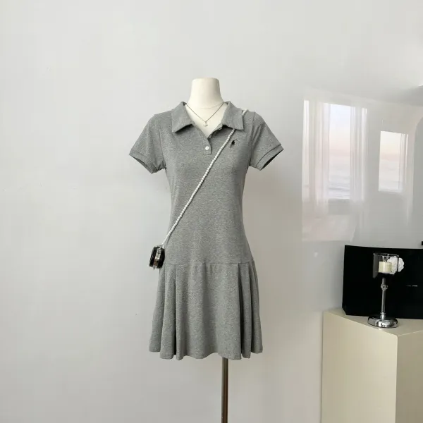 Design Gray Pleated Polo Dress with Pearl Strap Dress - 1
