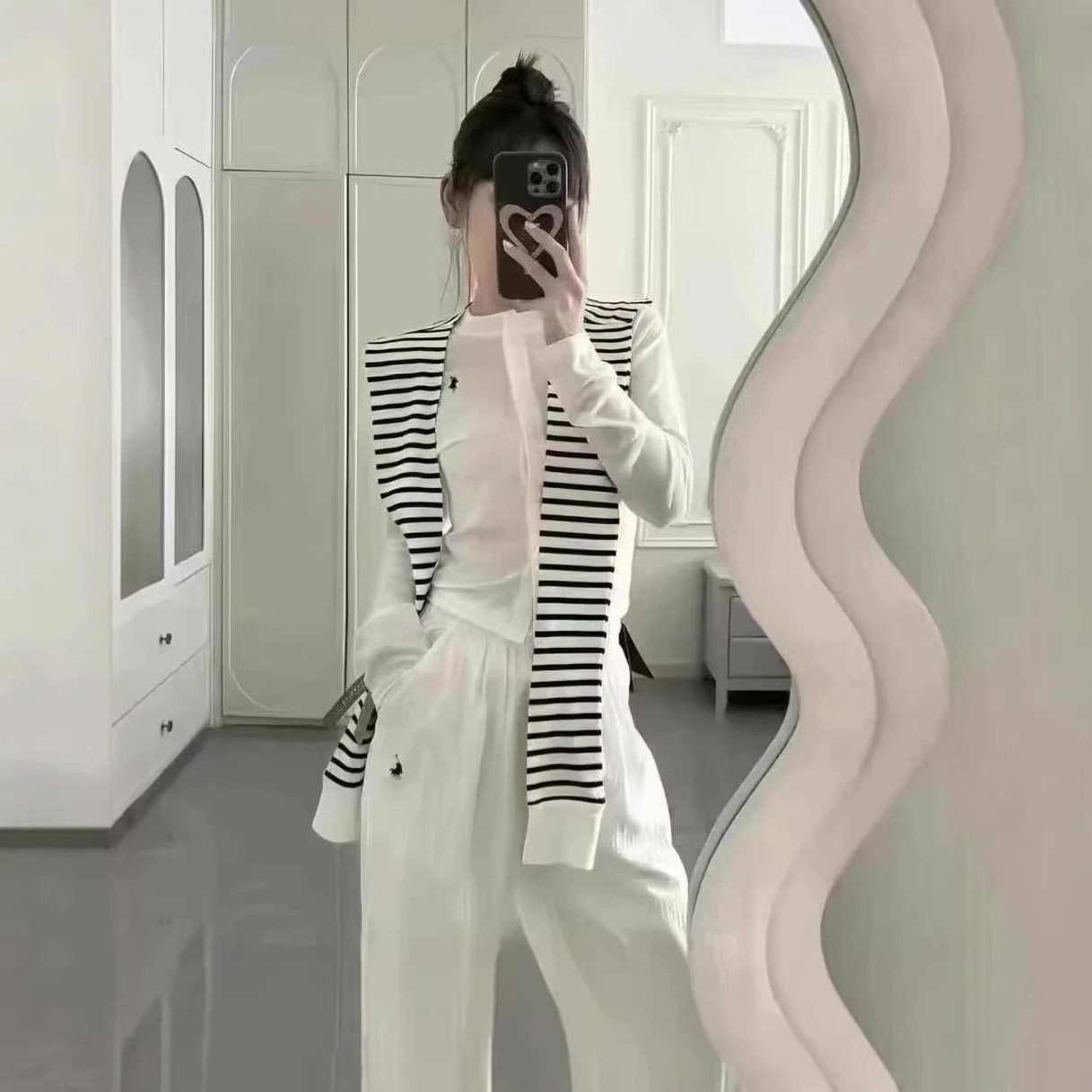 高品质RL老钱风休闲针织开衫条纹披肩长裤三件套松弛通勤套装