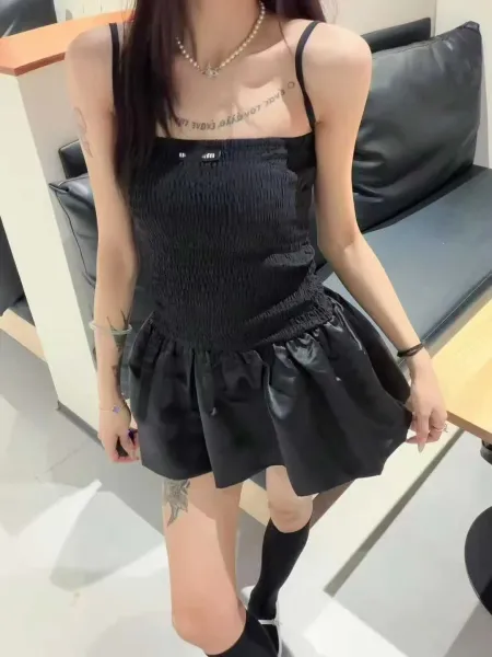 Design Smocked Strapless Top with Satin Ruffle Hem Black - 5