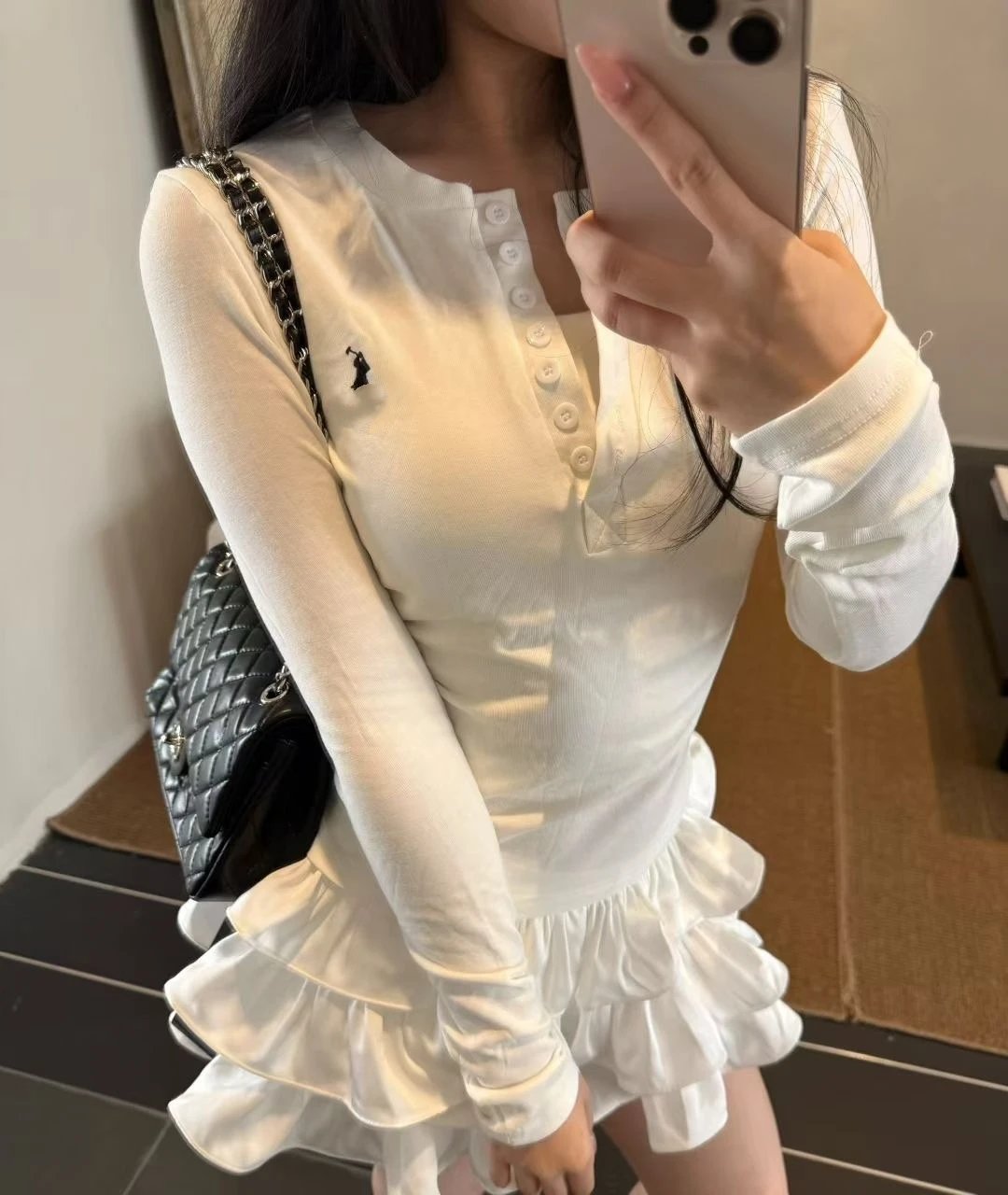 Polo Ralph Lauren Henley Long Sleeve Top Light Blue + White Ruffle Skirt - 4