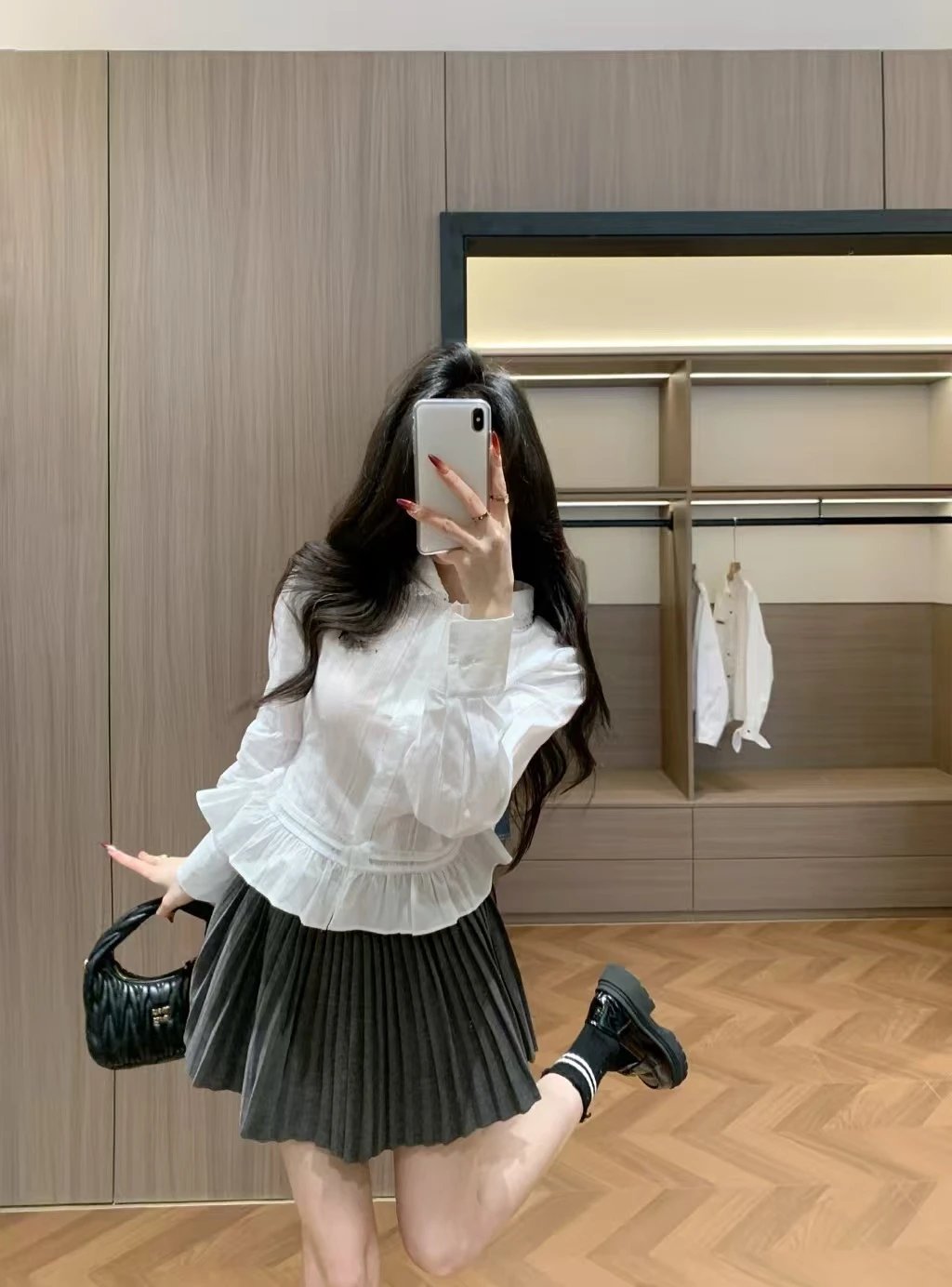 Design White Lace-Collar Peplum Shirt with Pleated Gray Skirt Set Sets - 3