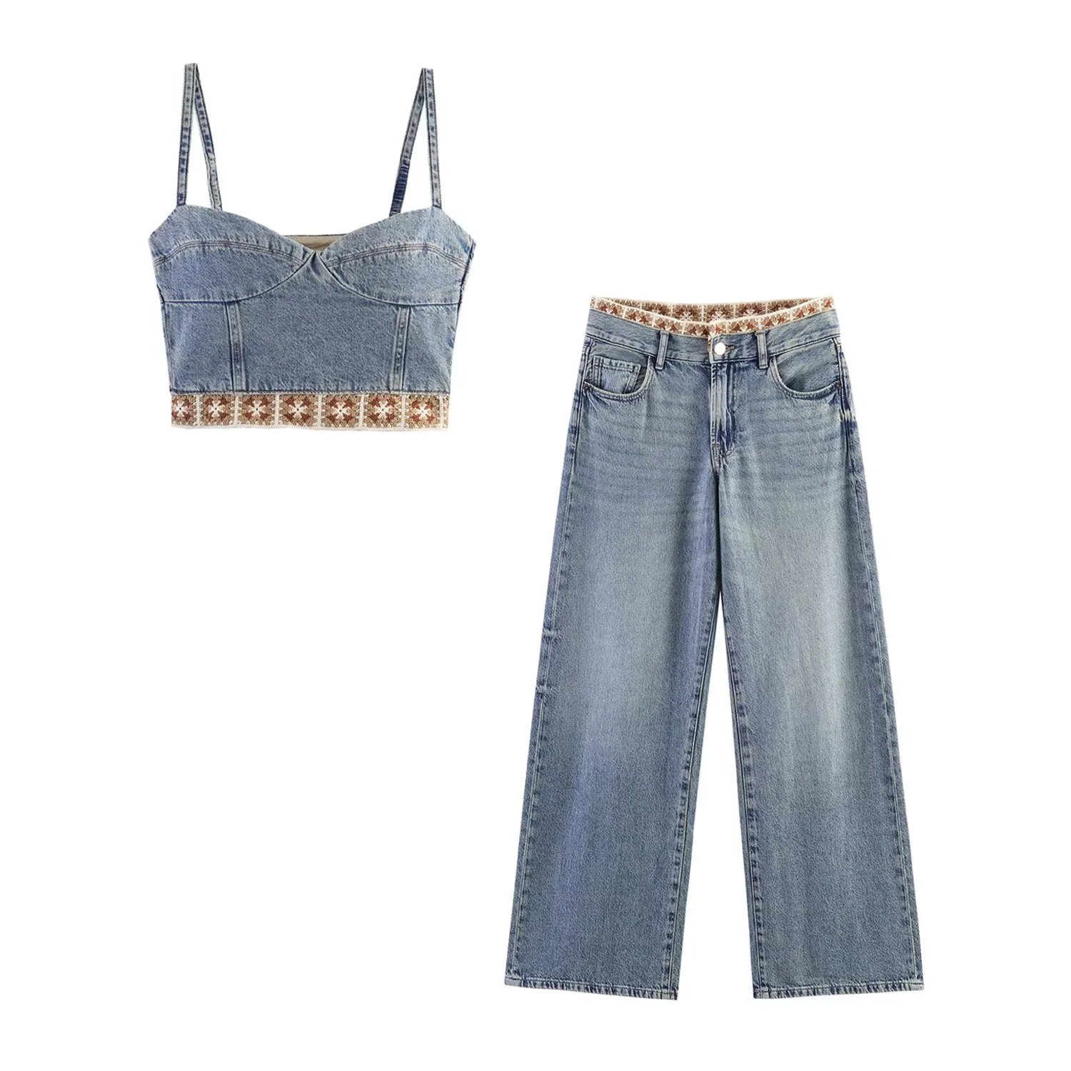 2026 Summer Vintage Denim Set Athletic Crop To