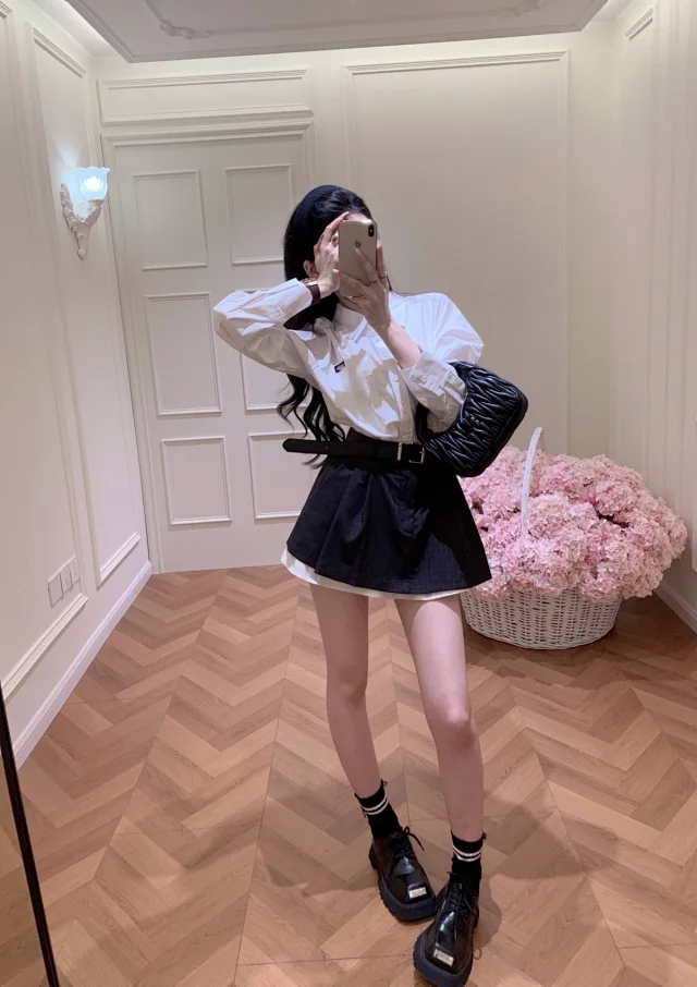Unbranded Matching Sets White Button-Up Shirt, Black Mini Skirt and Belt Three-Piece Set product detail image 4