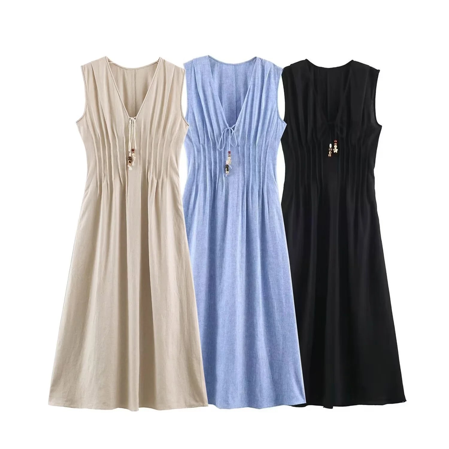 2026 Autumn Vacation V Neck Drawstring Pleated