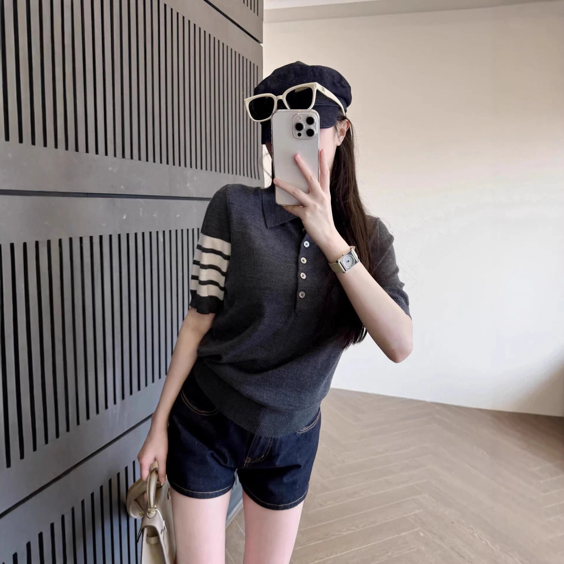 H&M Dark Gray Striped Polo Kni