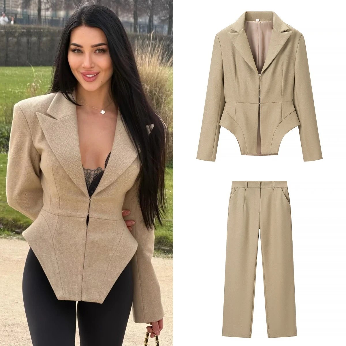Women Summer Blazer Coat with High Waist Trous