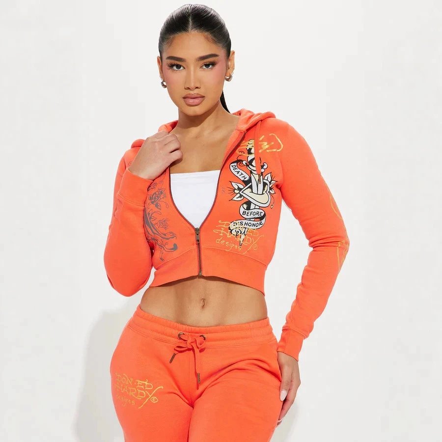 2026 Spring Athletic Print Orange Zip Hoodie a