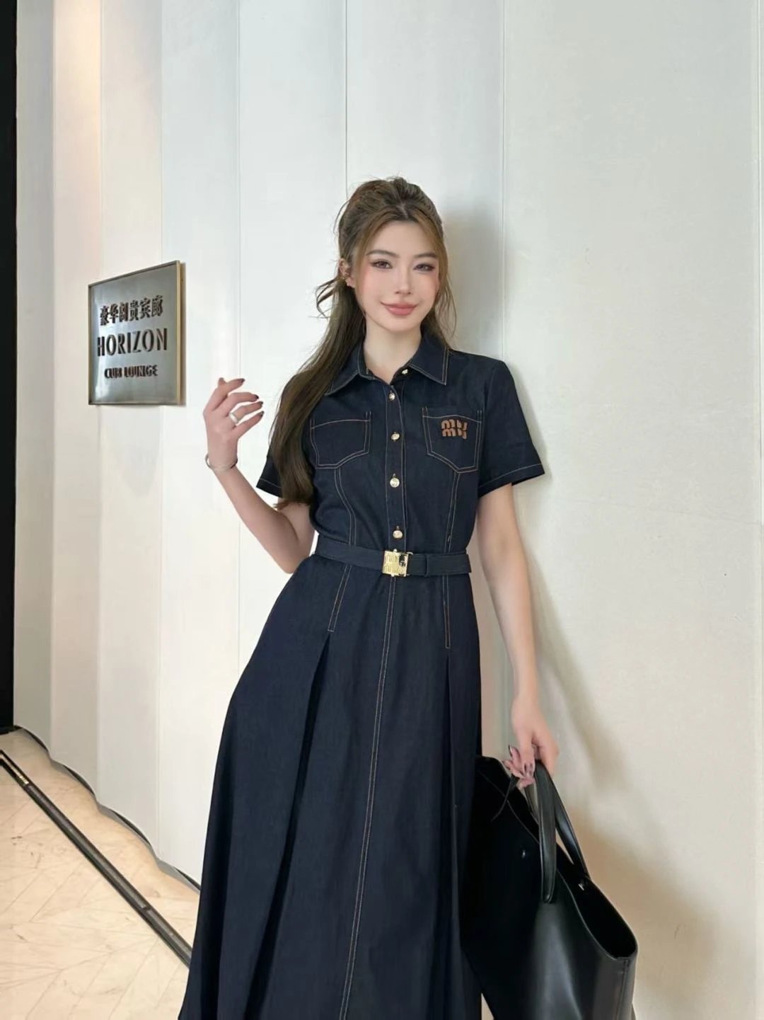 Miu Miu Denim Shirt Dress in Light Blue with Embroidered Logo - 4