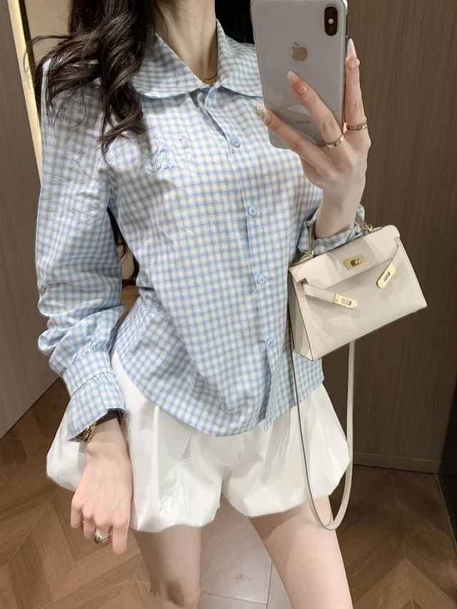 Unbranded Shirts Blue plaid peter pan collar button-up shirt with puff sleeves and ruffled cuffs product detail image 1