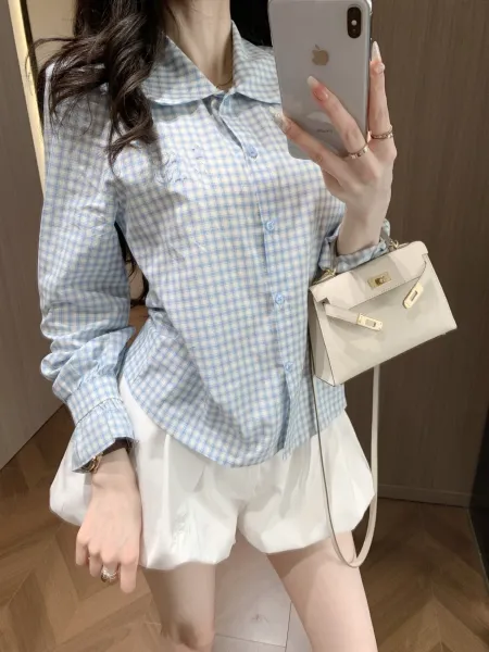 Design Blue and White Gingham Peter Pan Collar Shirt Tops Shirt - 2