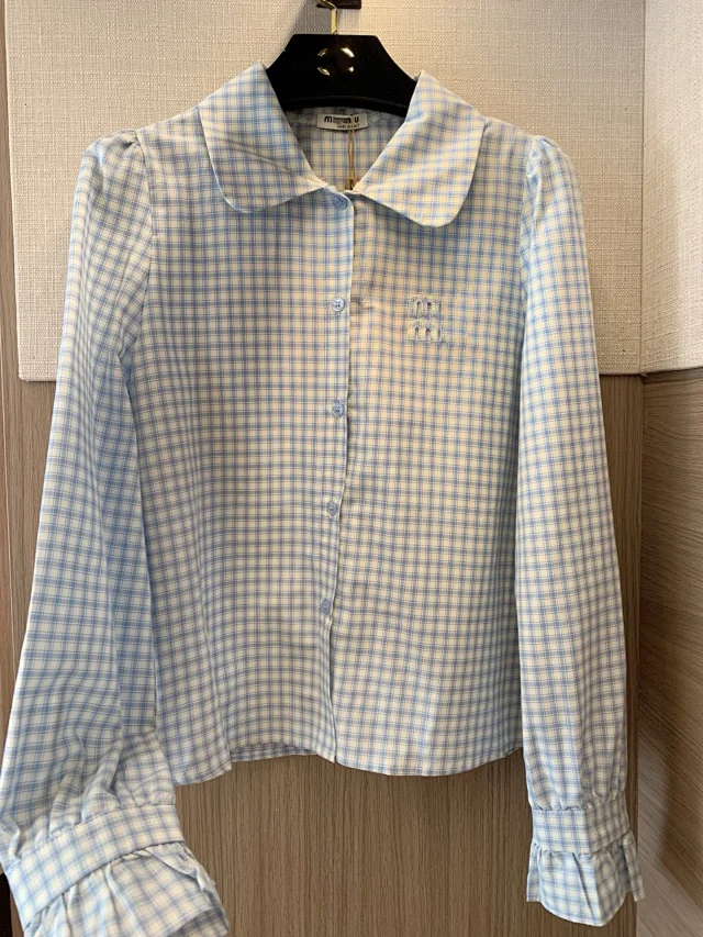 Unbranded Shirts Blue plaid peter pan collar button-up shirt with puff sleeves and ruffled cuffs product detail image 7