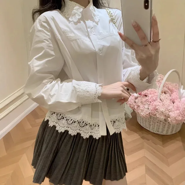 Unbranded Shirts Lace-trim button-up shirt with floral lace collar and cuffs product detail image 5