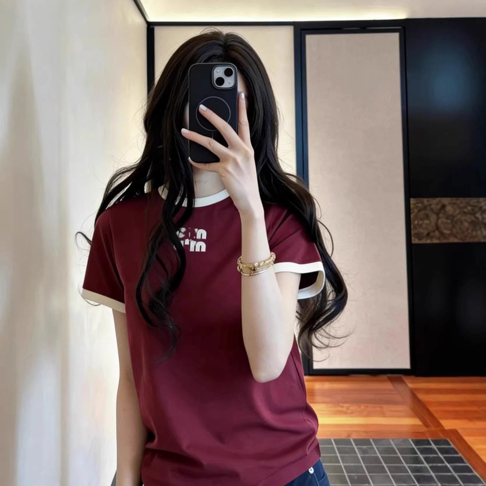 高品质MU家字母刺绣撞色封边圆领休闲短袖T恤春季新款时尚百搭