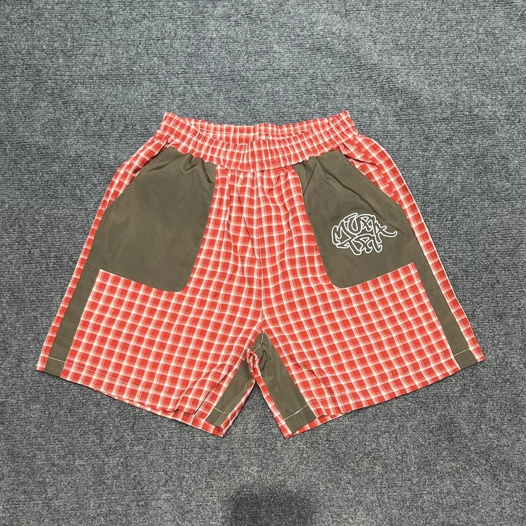 Mertra Shirts Checkered short-sleeve button-up shirt with embroidered chest pocket — Orange plaid shorts