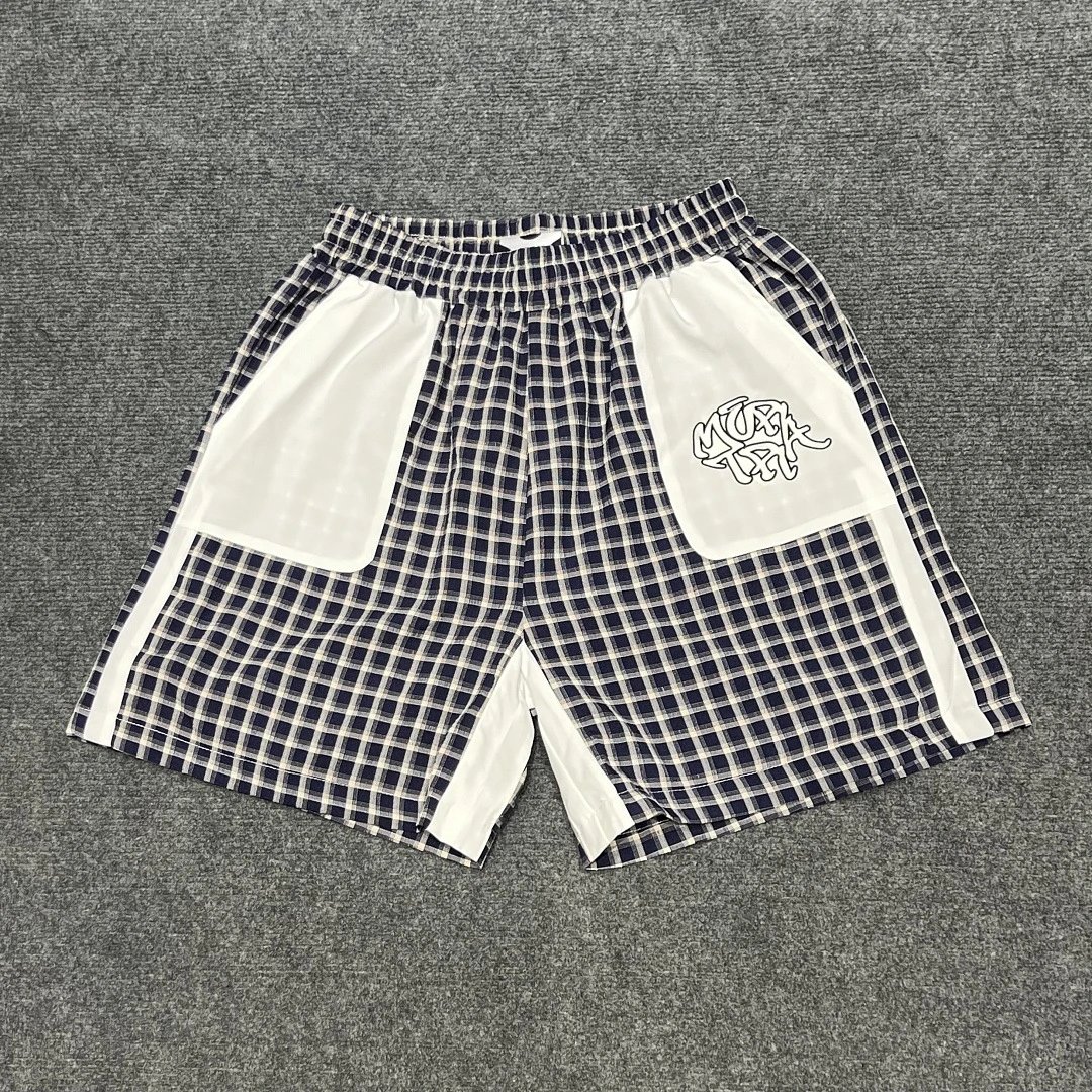 Mertra Shirts Checkered short-sleeve button-up shirt with embroidered chest pocket — Gray plaid shorts