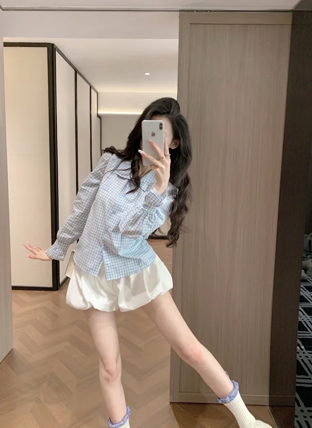 Unbranded Shirts Blue plaid peter pan collar button-up shirt with puff sleeves and ruffled cuffs product detail image 4