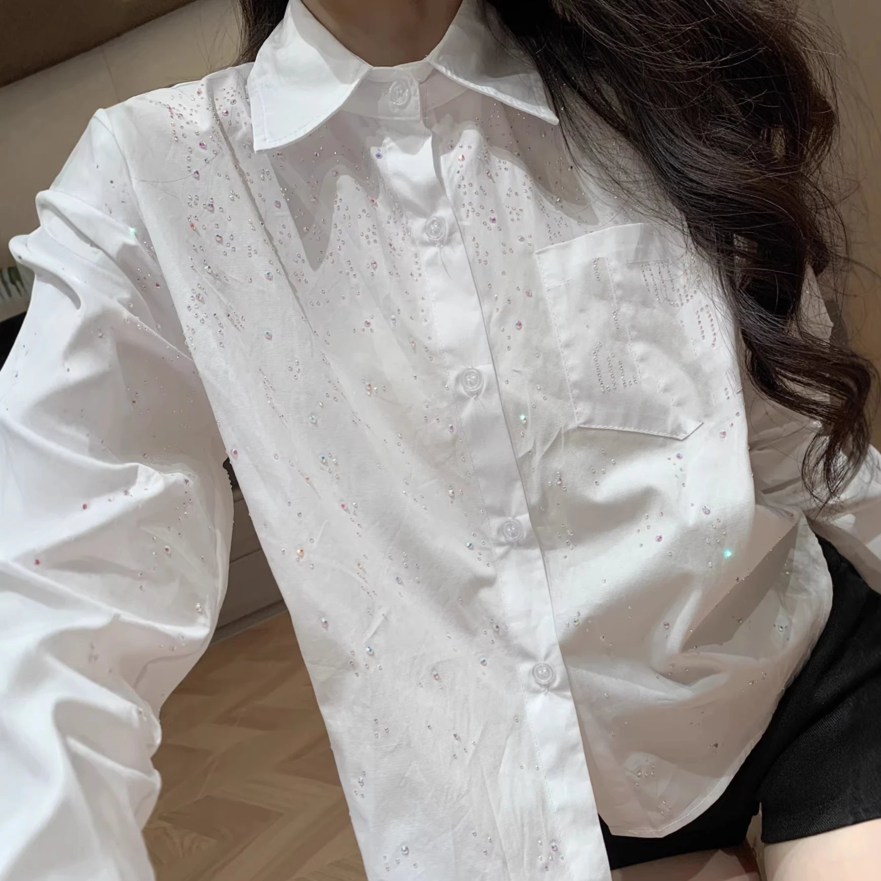 现货MU爆款亮片满钻珍珠单排扣翻领衬衫休闲宽松日常韩系水钻L