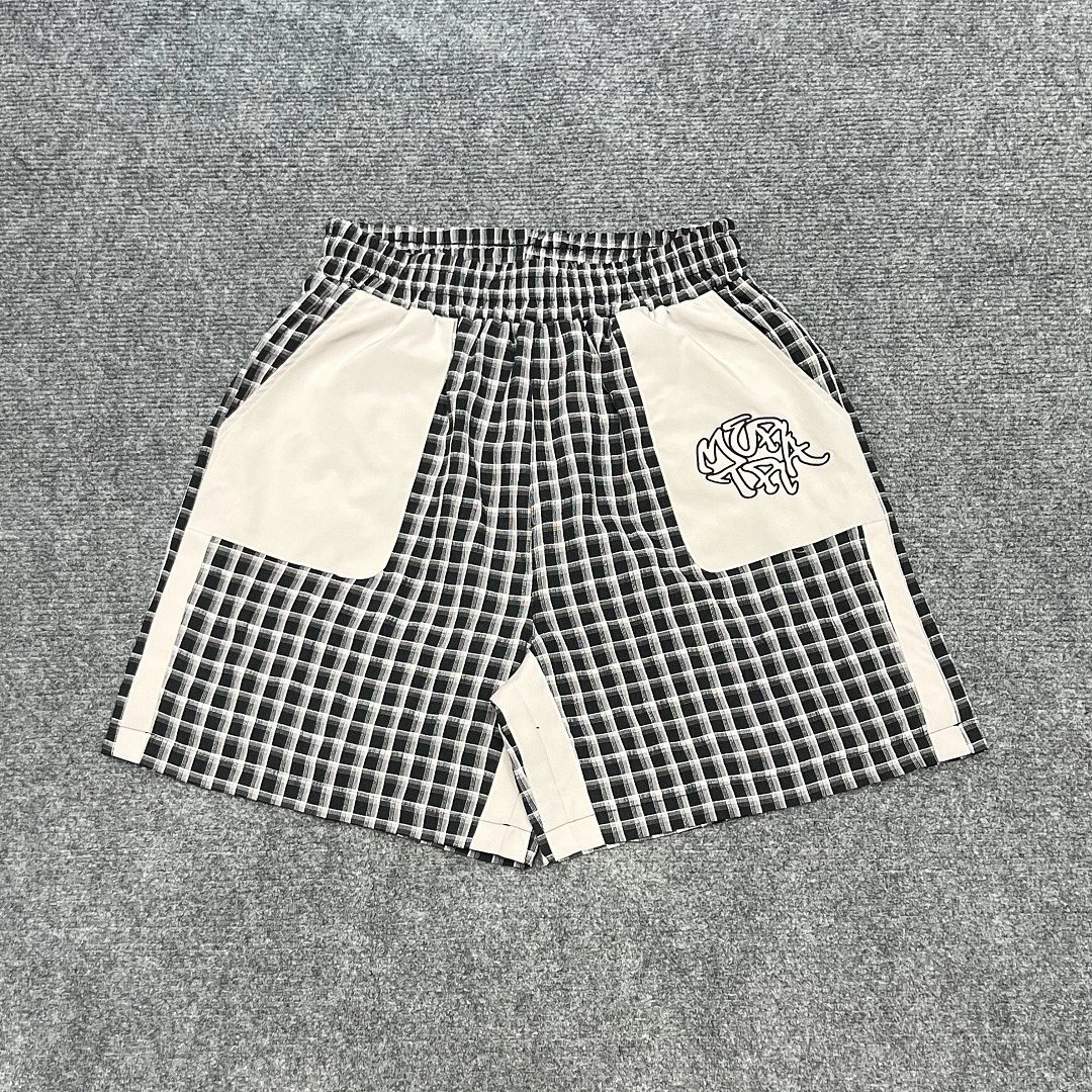 Mertra Shirts Checkered short-sleeve button-up shirt with embroidered chest pocket — Black plaid shorts
