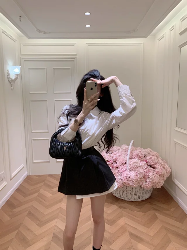 Unbranded Matching Sets White Button-Up Shirt, Black Mini Skirt and Belt Three-Piece Set product detail image 2
