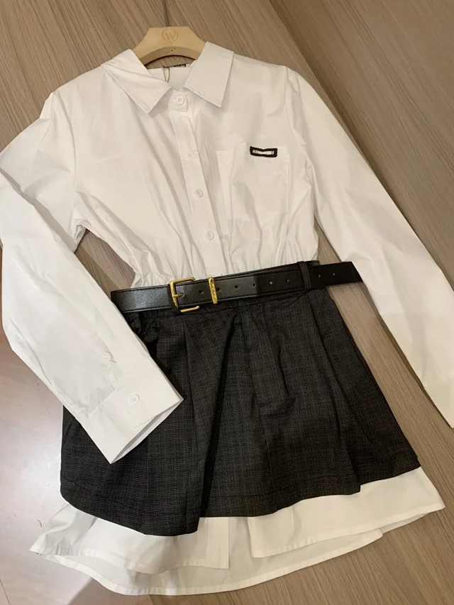 Unbranded Matching Sets White Button-Up Shirt, Black Mini Skirt and Belt Three-Piece Set product detail image 6