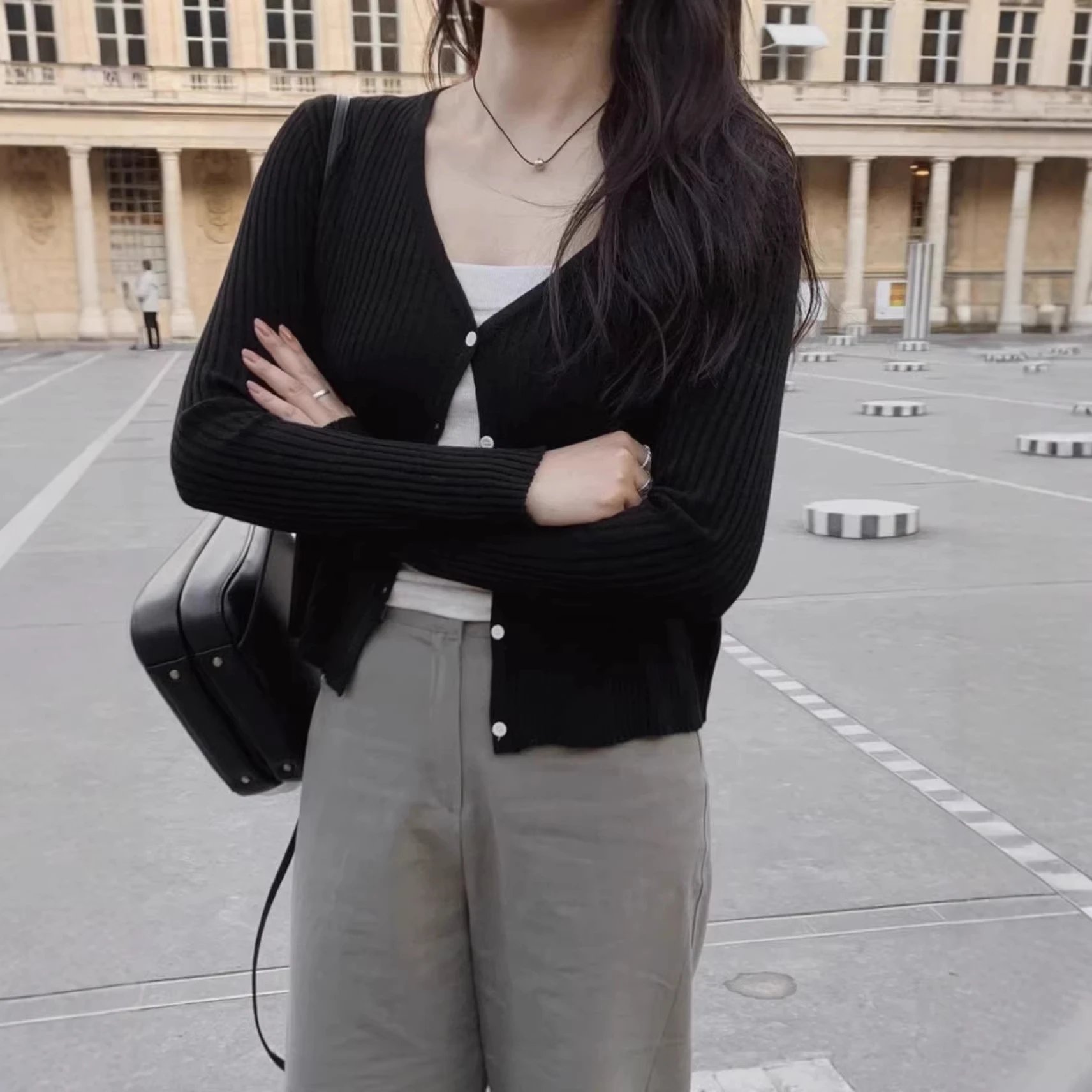 韩国小众slowand韩版V领针织衫长袖上衣开衫ins坑条修