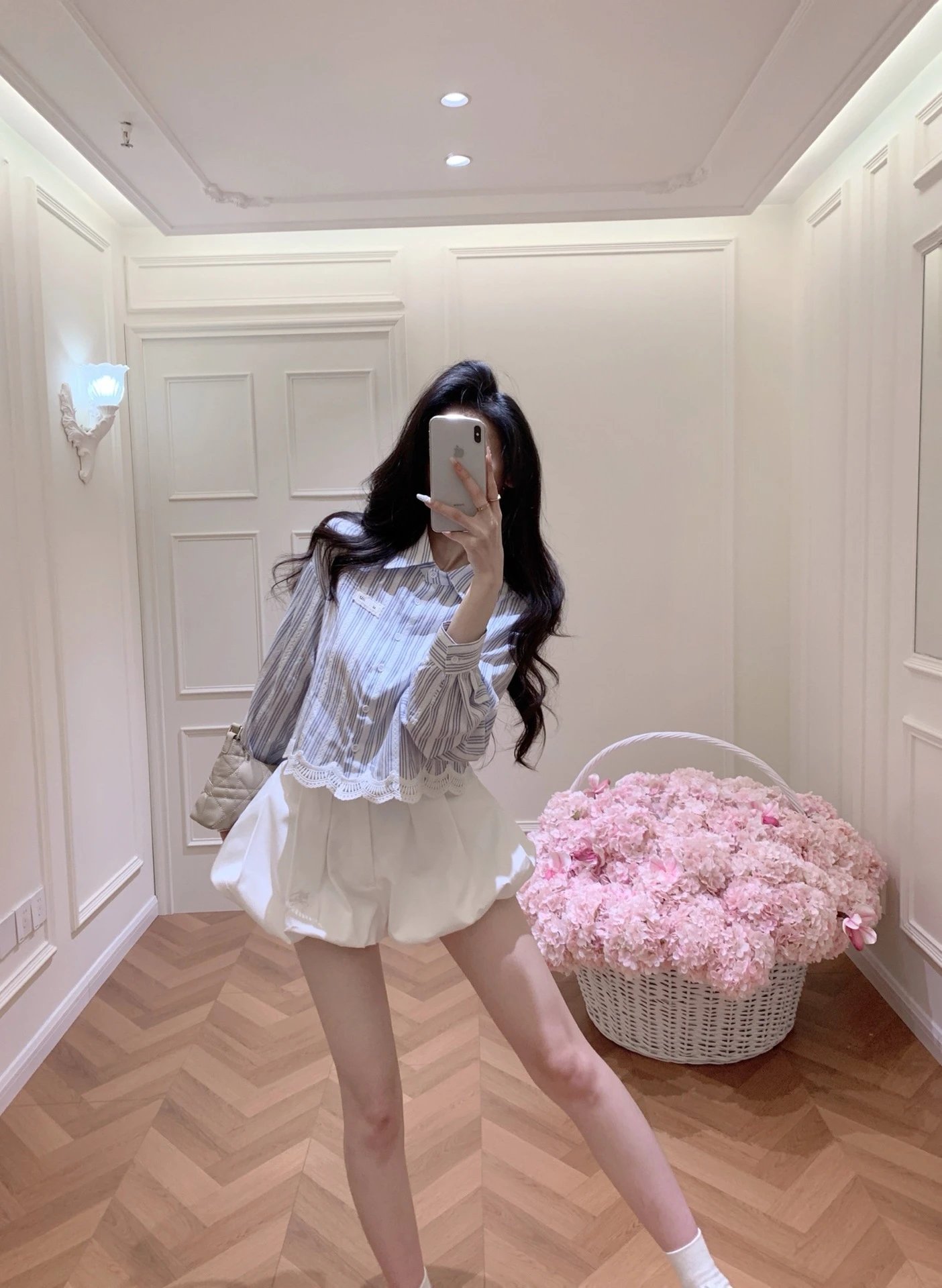 Design Striped Lace-Trim Shirt and Puff Shorts Set in Blue-White - 5