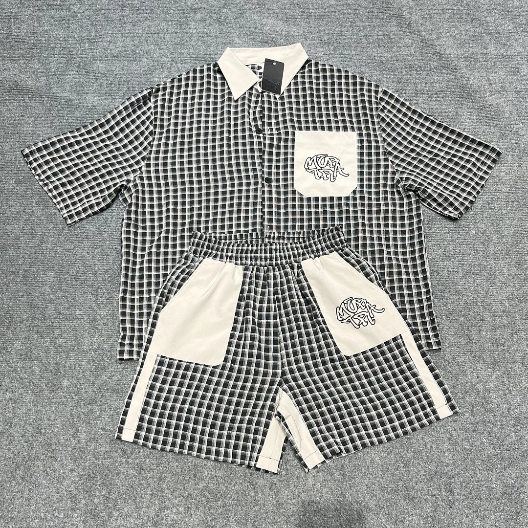 Mertra Shirts Checkered short-sleeve button-up shirt with embroidered chest pocket — Black plaid suit