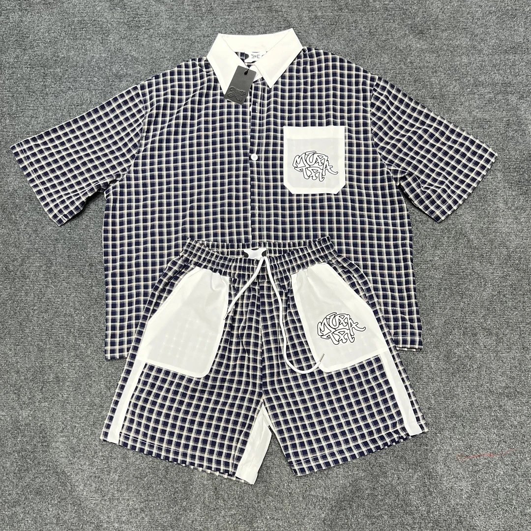 Mertra Shirts Checkered short-sleeve button-up shirt with embroidered chest pocket — Gray plaid suit