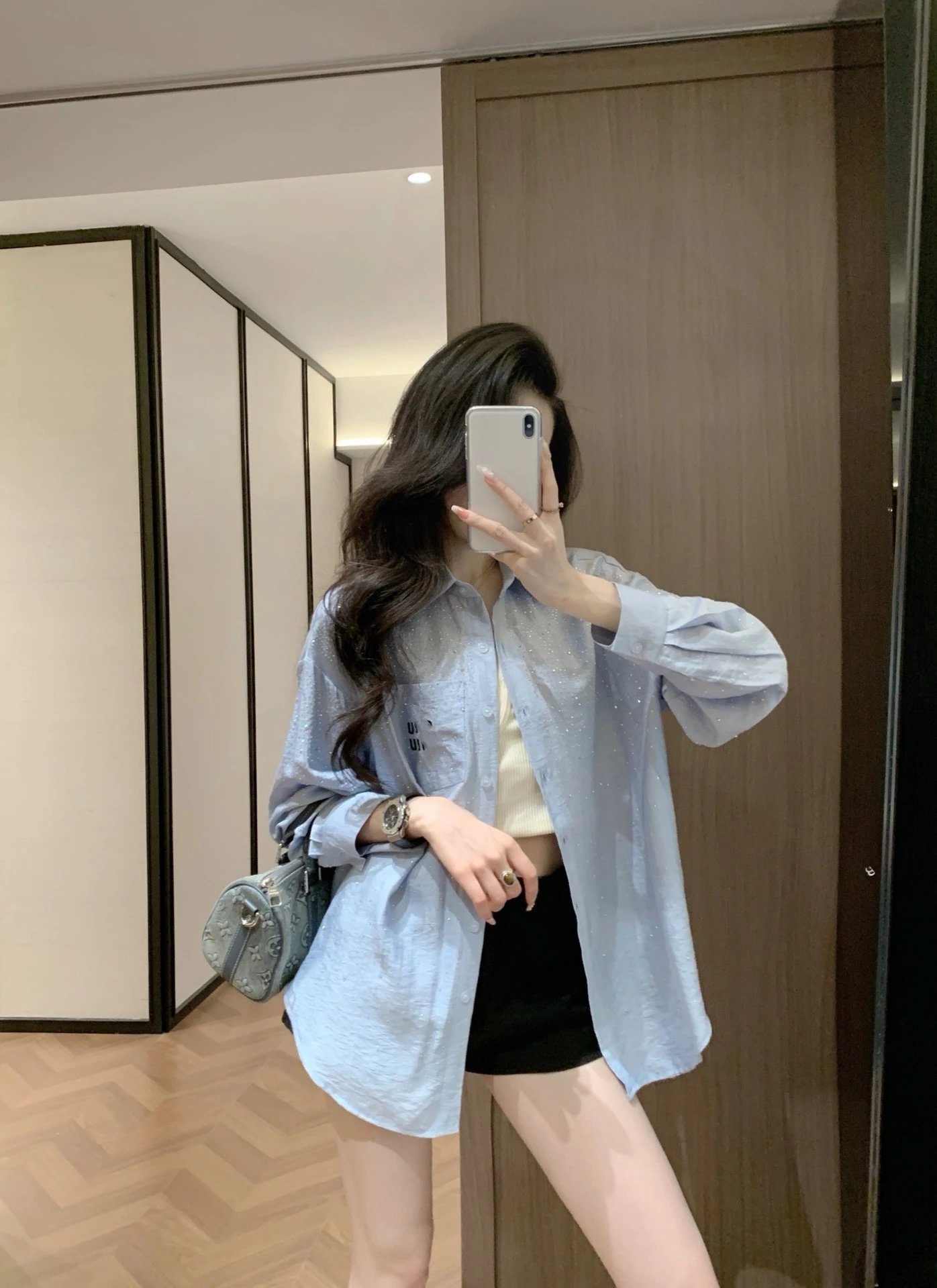Design Embroidered Logo Light Blue Oversized Shirt Tops Shirt - 5