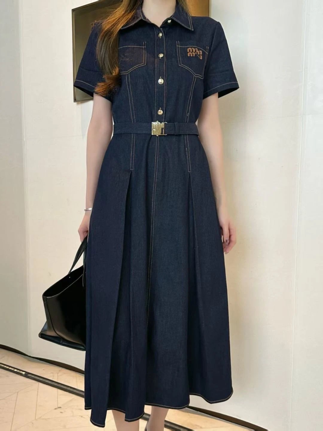Miu Miu Denim Shirt Dress in Light Blue with Embroidered Logo - 5
