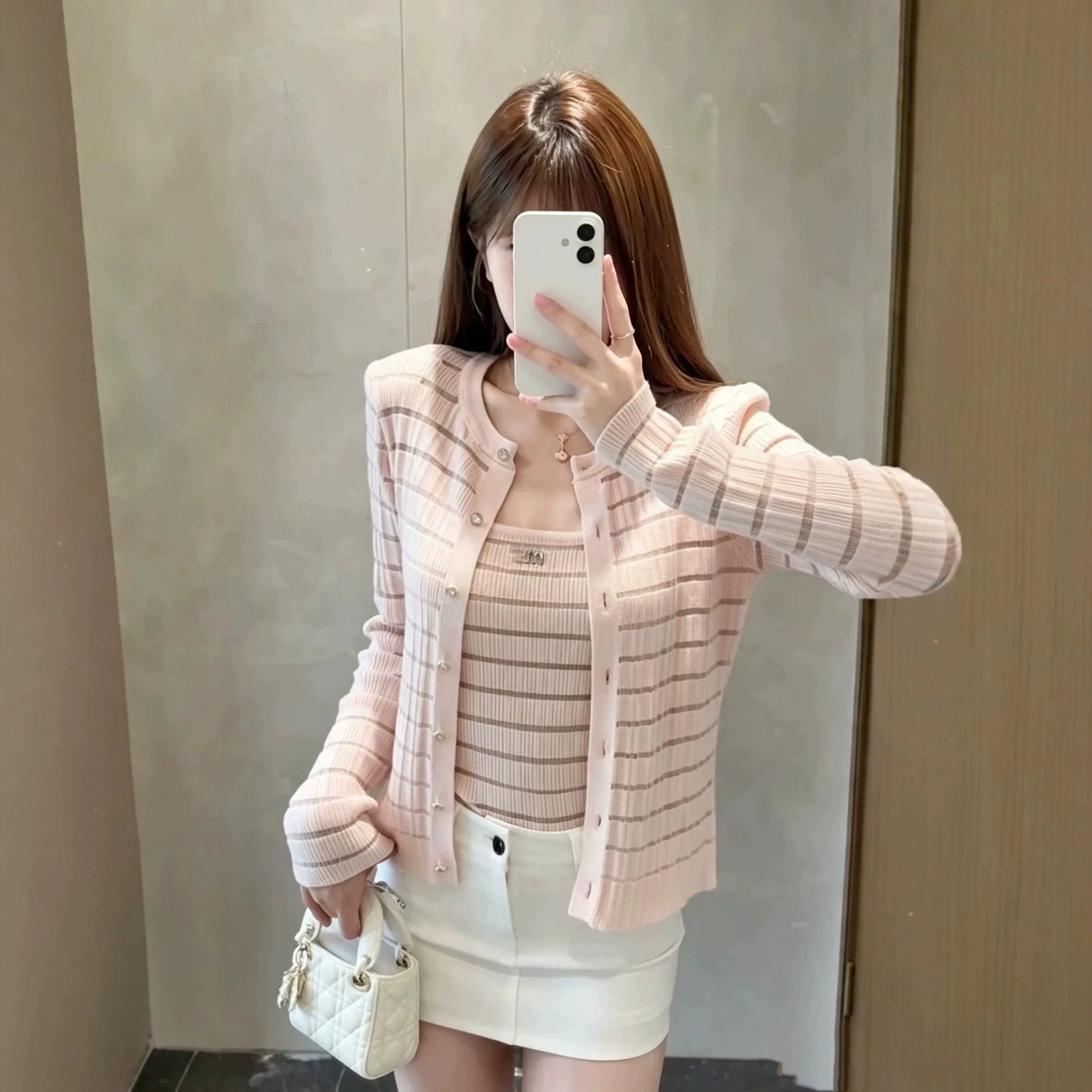 High Quality MU Striped Long Sleeve Cardigan a