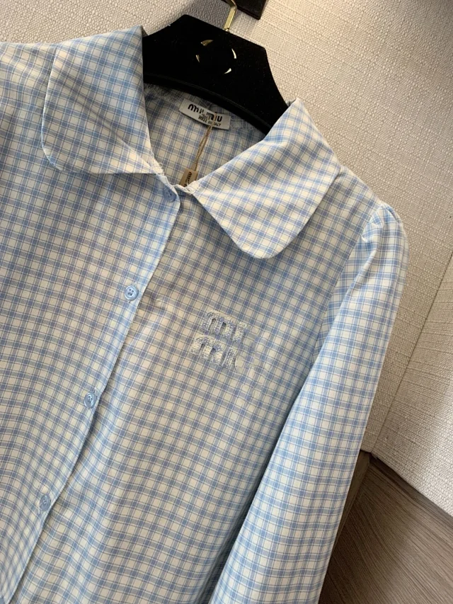 Unbranded Shirts Blue plaid peter pan collar button-up shirt with puff sleeves and ruffled cuffs product detail image 8