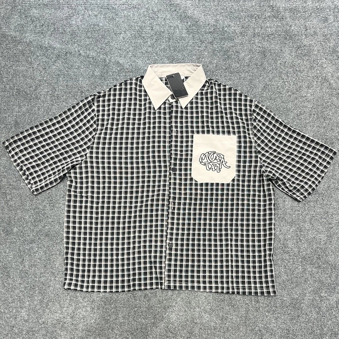 Mertra Shirts Checkered short-sleeve button-up shirt with embroidered chest pocket — Black plaid shirt