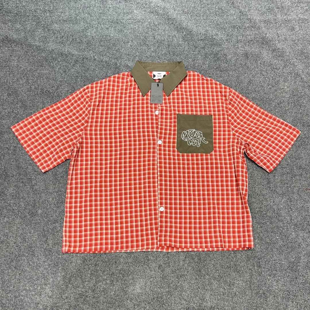 Mertra Shirts Checkered short-sleeve button-up shirt with embroidered chest pocket — Orange plaid shirt