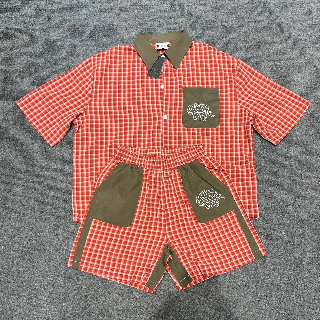 Mertra Shirts Checkered short-sleeve button-up shirt with embroidered chest pocket — Orange plaid suit