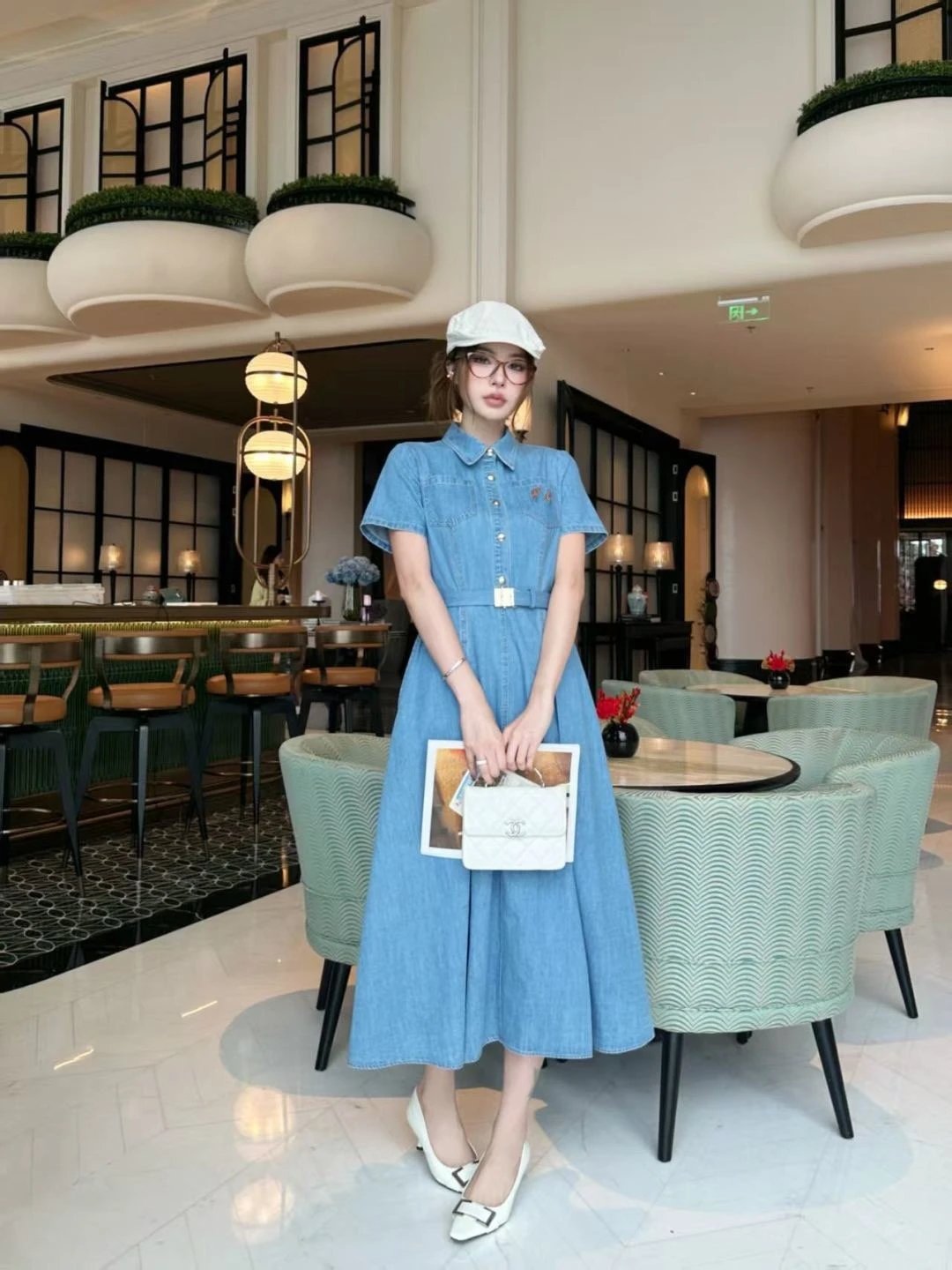 Miu Miu Denim Shirt Dress in Light Blue with Embroidered Logo - 2