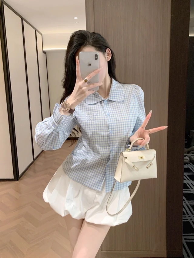 Unbranded Shirts Blue plaid peter pan collar button-up shirt with puff sleeves and ruffled cuffs product detail image 2